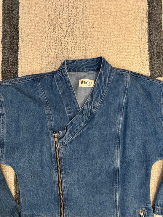 Etica Medium Blue Longline Asymmetric Denim Jacket NWOT - Picture 2 of 12